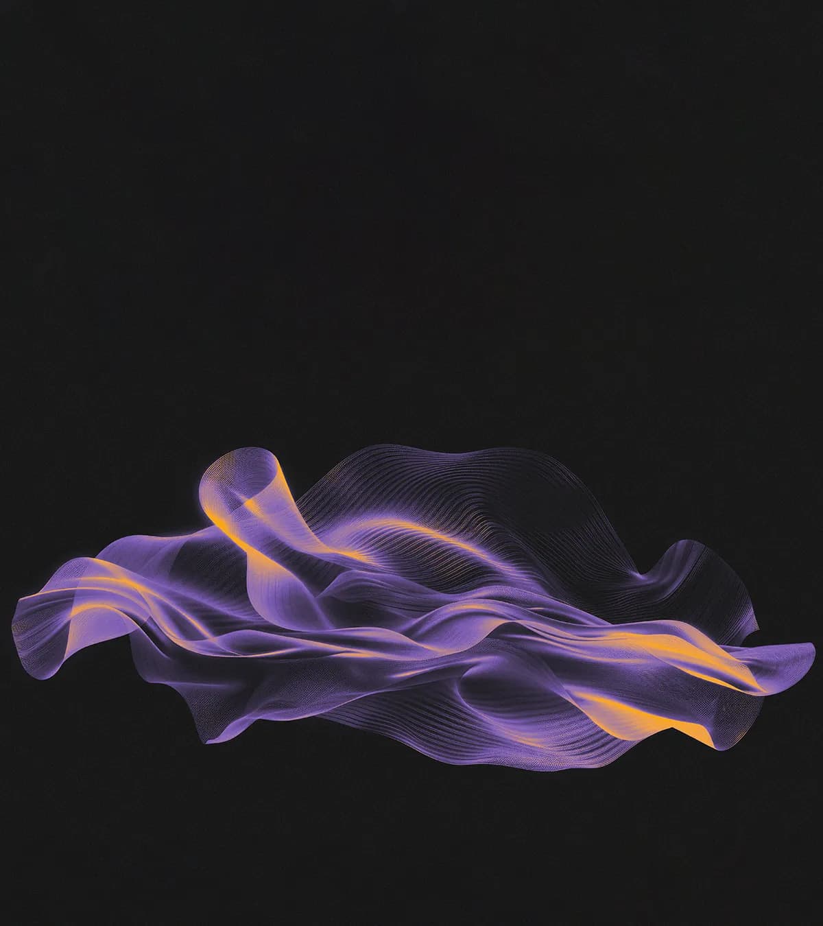 Abstract wave-shaped surface in violet and orange on black, symbolising AI automation at the AI agency OSTWERK
