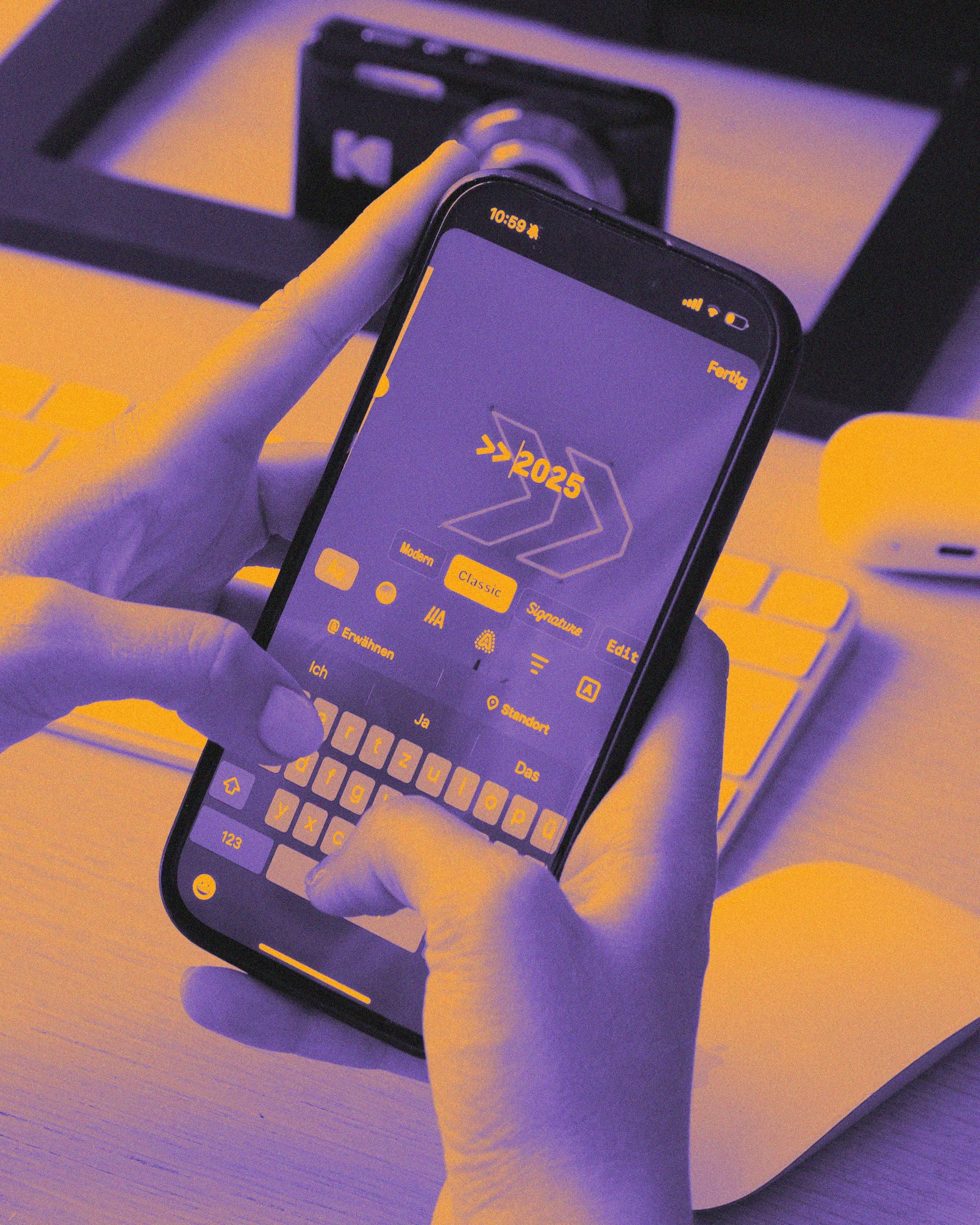 Hands holding a smartphone with an app interface, tinted in violet and orange